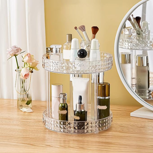360° Rotating Makeup Organizer, 2 Tier Large Perfume Organizers with Portable Handle for Vanity Bathroom Countertop, Bathroom Counter Organizer for Cosmetics Skincare Perfume