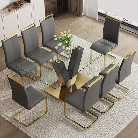 Glass Dining Table Set for 8, Modern Dining Table Set for 8, 71" Dining Tables and Chair Set for 8, Dining Room Table Set for 8
