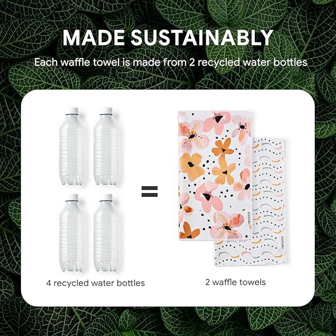 RECYCO Waffle Kitchen Towels Set of 2 Quick Dry Microfiber Sustainable Lightweight Hand Towels Blossom Breeze 16x28