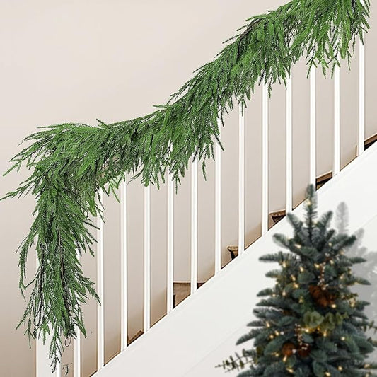 Watayo 6 Ft Christmas Norfolk Pine Garland, Dense Real Touch Pine Garland Ornament, Realistic Artificial Pines Greenery Garlands for Mantle, Table, Fireplace, Indoor, Outdoor Christmas Decoration