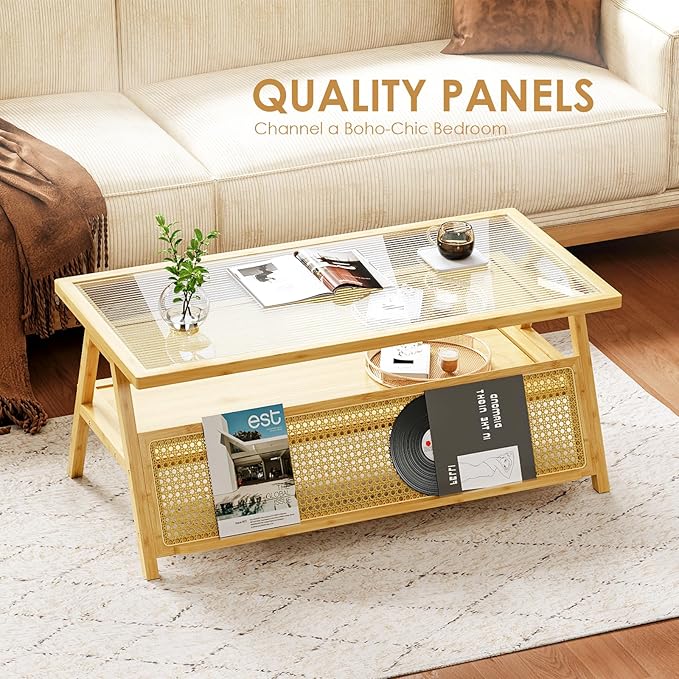 Bamworld Coffee Table with Storage Mid-Century Modern Coffee Table Boho BambooTable with Glass Top for Living Room Office
