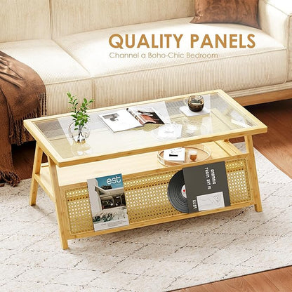 Bamworld Coffee Table with Storage Mid-Century Modern Coffee Table Boho BambooTable with Glass Top for Living Room Office