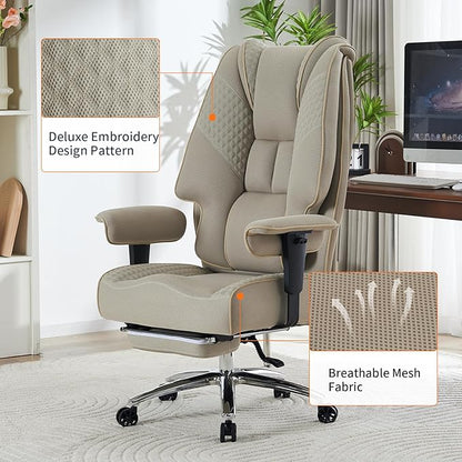 Big and Tall Office Chair 400lbs Wide Seat, Leather High Back Executive Office Chair with Foot Rest, Ergonomic Chairs Lumbar Support for Lower Back Pain Relief (Mesh Dark Beige)