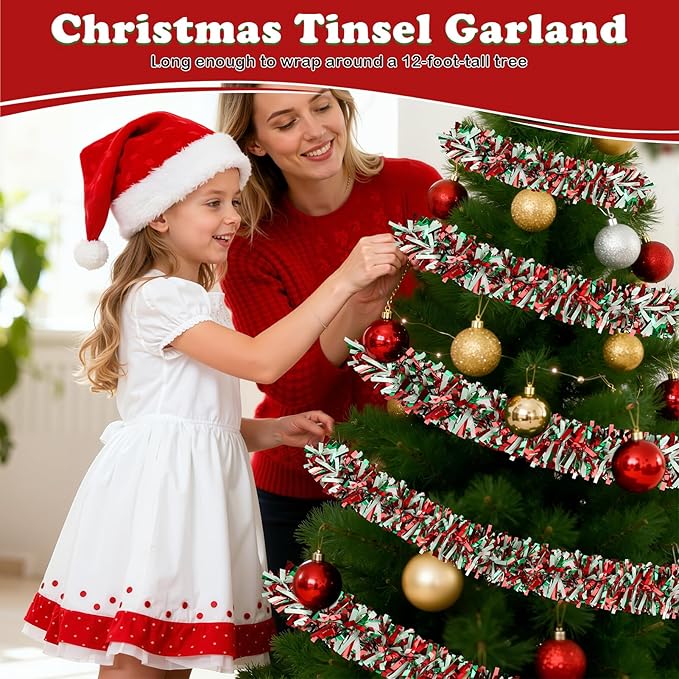 50FT Christmas Tinsel Garland, Red Green&White Metallic Twist Shiny Hanging Garland Ornaments for Christmas Tree, Party Supplies Thick Metallic Xmas Streamers
