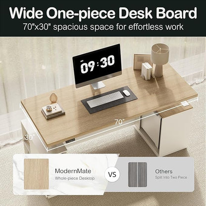 71" Standing Executive Desk with Privacy Panel, Large One-Piece Electric Height Adjustable Stand Up Office Desk with Charging Station, File Cabinet Storage, Home and Office, Light Walnut