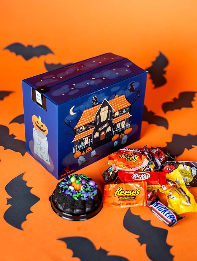 Send A Cake Haunted House Halloween Box with Flying Bat & Candy Kaboom – 3" Chocolate Witch Cauldron Cake – Fun Halloween Treat Delivery for Kids & Adults