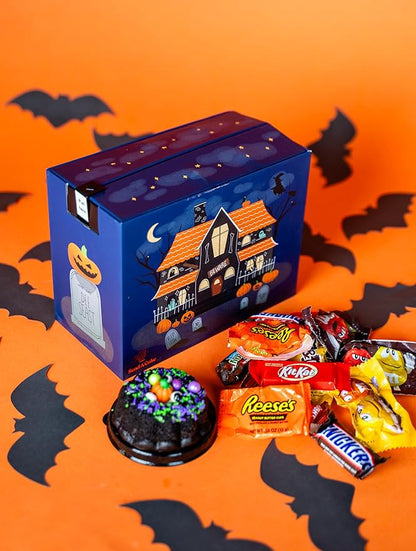 Send A Cake Haunted House Halloween Box with Flying Bat & Candy Kaboom – 3" Chocolate Witch Cauldron Cake – Fun Halloween Treat Delivery for Kids & Adults