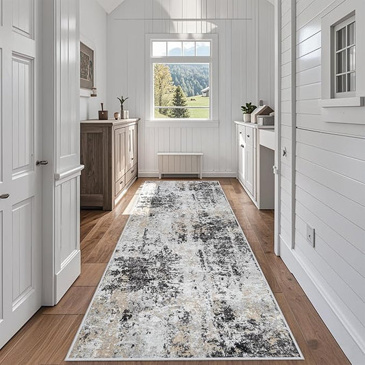 Runner Rug for Hallways Kitchen 2'6"x8' Washable Non Slip: Carpet Non Skid 8ft Entryway Rubber Backed 8 Feet Neutral Abstract Modern Rug Low Pile Pet Friendly Indoor Black Grey Gold