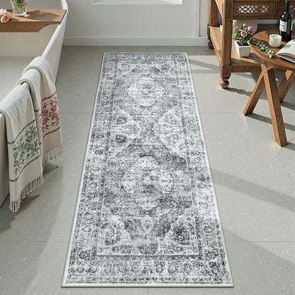 Uphome Bathroom Rugs Runner, Distressed Farmhouse Boho Gray Bath Mat, Non Slip Washable Long Bath Rugs, Vintage Traditonal Soft Velvet Bathroom Runner for Bathtub Sink Shower, 20x60 inch