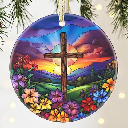 Cross 3.5 Inch Ceramic Christmas Hanging Ornament - Cross Spring Flower