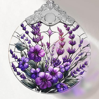Touber Stained Glass Christmas Ornament, Purple Bauhinia & Violets, 3x3.5 Inch, Hanging, Christmas Tree Decoration