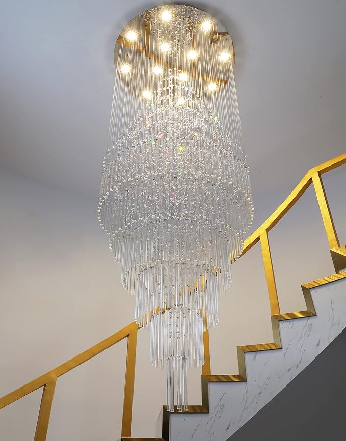 W32 x H100 Glam Chandelier with LED Bulbs Crystal Raindrop High Ceiling Pendant Light for Entrance Large Villa Chandelier Foyer Lighting Fixtures Silver