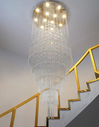 W32 x H100 Glam Chandelier with LED Bulbs Crystal Raindrop High Ceiling Pendant Light for Entrance Large Villa Chandelier Foyer Lighting Fixtures Silver