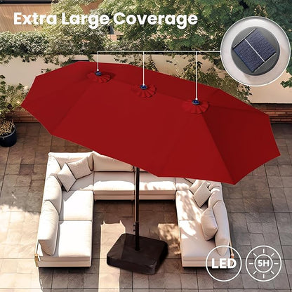 PHI VILLA 15ft Large Patio Umbrellas with 36 LED Solar Lights, Double-Sided Outdoor Market Rectangle Umbrellas, Base (Stand) Included, Dark Red