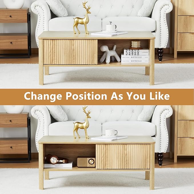 Mid-Century Modern Rectangular Wood Coffee Table with Dual Storage Shelf, Storage Center Coffee Tables with Waveform Panel Sliding Door for Living Room Apartment(Natural)