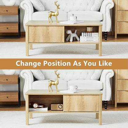 Mid-Century Modern Rectangular Wood Coffee Table with Dual Storage Shelf, Storage Center Coffee Tables with Waveform Panel Sliding Door for Living Room Apartment(Natural)