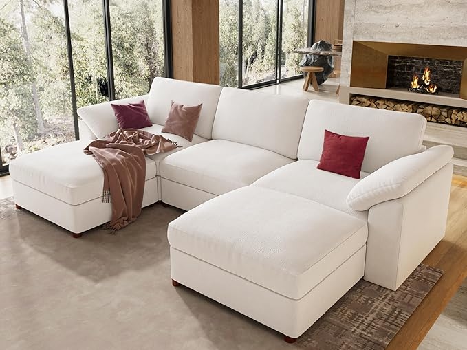 EASE MOOSE Oversized Modular Sectional Sofa, FSC Certified Extra Large U Shape Sectional Cloud Couch,Comfty Deep Modular Sofa with Ottoman,White