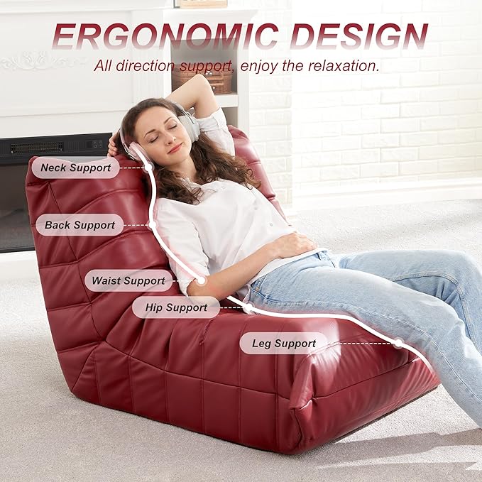 Hobestluk Giant Bean Bag Chair Lazy Floor Sofa, Fireside Sofa for Adults, Big Beanbag Faux Leather Armless Chair for Living Room Bedroom Dorm Office (WineRed, Single)