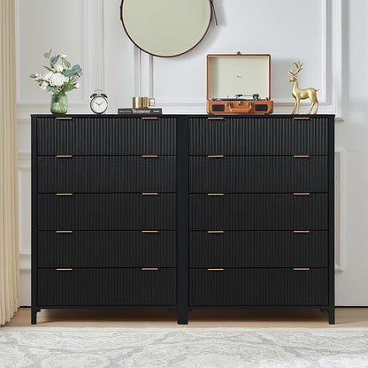 5 Drawer Dressers for Bedroom, Modern Closet Chest of Drawers with Waveform Fluted Panel, Large Wood Storage Dresser Organizer for Nursery Bedroom Living Room Hallway Closet, Black