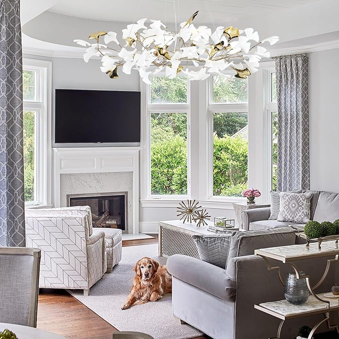 48 Inch Modern Chandelier for Dining Room, Gold Tree Branch Chandeliers with Ceramic Ginkgo Leaves, Leaf Chandeliers, 6-Light Hanging Pendant Light Fixture for Living Room, Kitchen Island