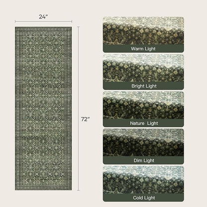 Lofus 2X 6 Runner Rug for Hallways,Green Washable Runner Rugs with Non Slip Rubber Backing, Low Pile Soft Carpet Runner for Kitchen Bathroom Bedroom Laundry