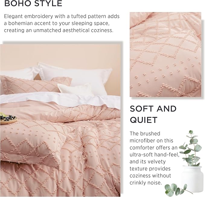 Bedsure King Comforter Set - Coral Pink Comforter, Boho Tufted Shabby Chic Bedding for Kids, 3 Pieces Vintage Farmhouse Bed Set for All Seasons, Fluffy Soft Bedding with 2 Pillow Shams