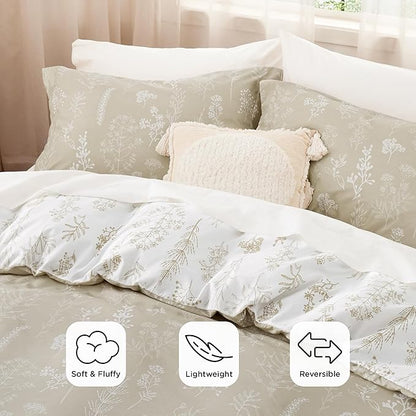 Bedsure Queen Comforter Set - Linen Bed Set, 3 Pieces Cute Floral Bedding, 1 Soft Reversible Botanical Flowers Comforter and 2 Pillow Shams