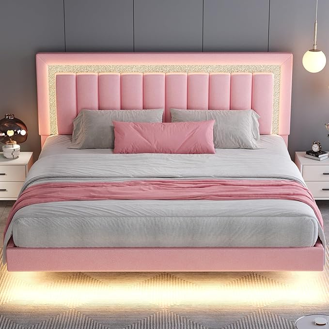 HOMBCK Floating Bed Frame King with Smart LED Lights, Faux Leather Upholstered Bed with Diamond PU Headboard, No Box Spring Needed, Noise-Free, Easy Assembly, Pink