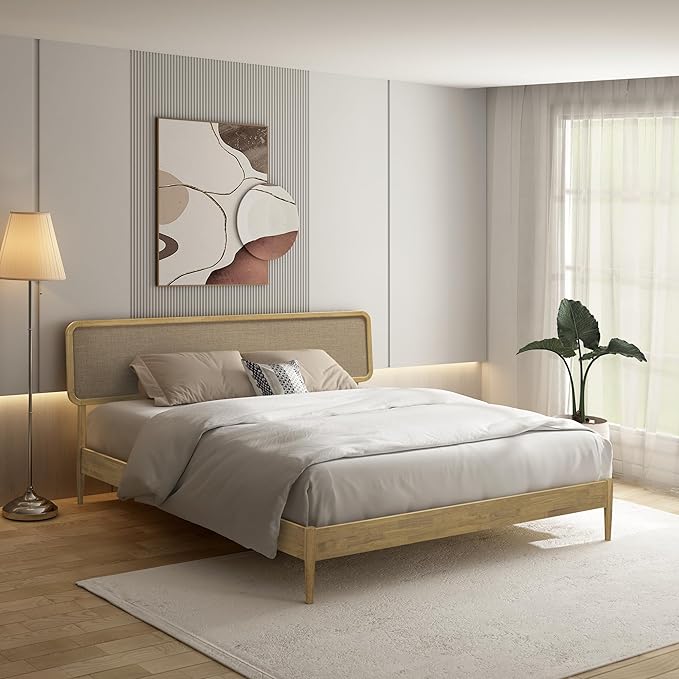 NTC Lupin Wooden Bed Frame with Headboard, Solid Oak and Rubber Wood Foundation with Silent Slats and Wood Central Supports, 1000 Lb Capacity, King - Sand