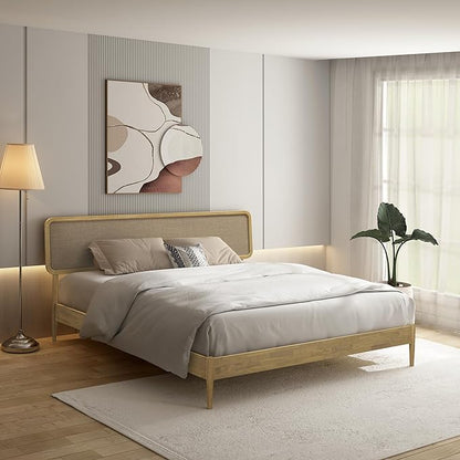 NTC Lupin Wooden Bed Frame with Headboard, Solid Oak and Rubber Wood Foundation with Silent Slats and Wood Central Supports, 1000 Lb Capacity, King - Sand