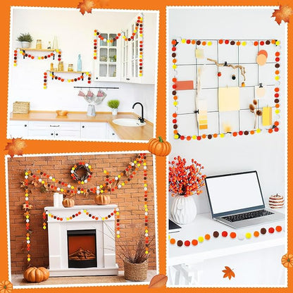 MARFOREVER 4 Pack 26.3 Ft Fall Pom Pom Garlands, Thanksgiving 30 Balls Oange Yellow Fall Felt Ball Garlands Decorations for Autumn Harvest Thanksgiving Day Party Home Classroom Hanging Decor Supplies