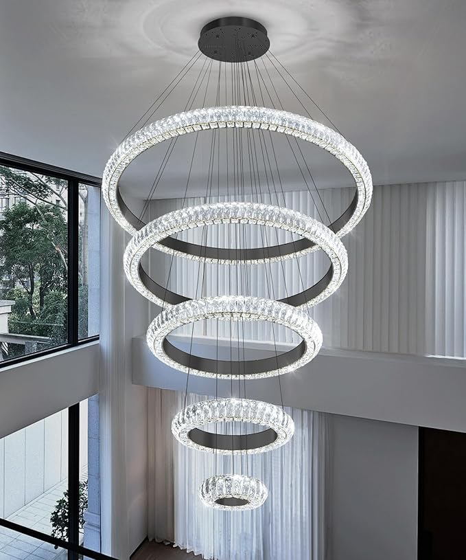 5 Ring Large Crystal Chandelier Modern LED Dimmable High Ceiling Chandelier Ring Contemporary Pendant Light Fixture for Living Room Foyer Staircase Gold D40''