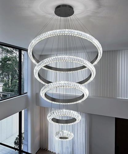 5 Ring Large Crystal Chandelier Modern LED Dimmable High Ceiling Chandelier Ring Contemporary Pendant Light Fixture for Living Room Foyer Staircase Gold D40''