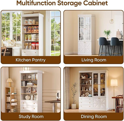 Vyre 71" Tall Modular Farmhouse Bookcase with Glass Doors & Drawers, Set of 3 – Large Storage Cabinet with Adjustable Shelves for Living Room or Kitchen, White