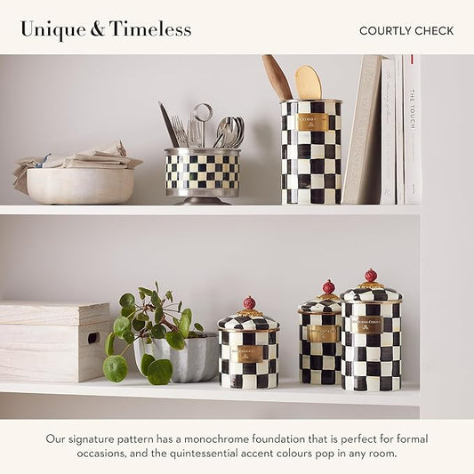 MACKENZIE-CHILDS Enamel Utensil Holder, Kitchen Utensil Holder for Countertop, Storage Caddy, Black-and-White Courtly Check