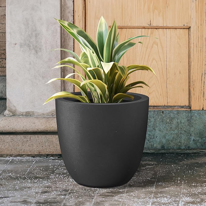 Kante 18 Inch Dia Round Concrete Planter, Indoor Outdoor Large Plant Pot with Drainage Hole and Rubber Plug for Home Patio Garden, Black