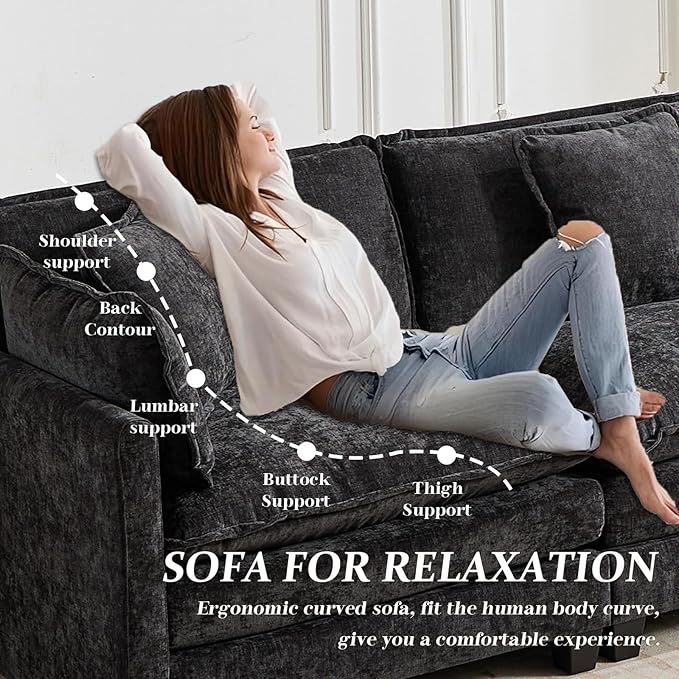 SoarFlash 143.2" Chenille Sectional Sofa, Comfy L Shaped Modular Coush Sofa with Ottoman, Modern 4 Seat Couch Deep Seat Sofa Set for Living Room,Black