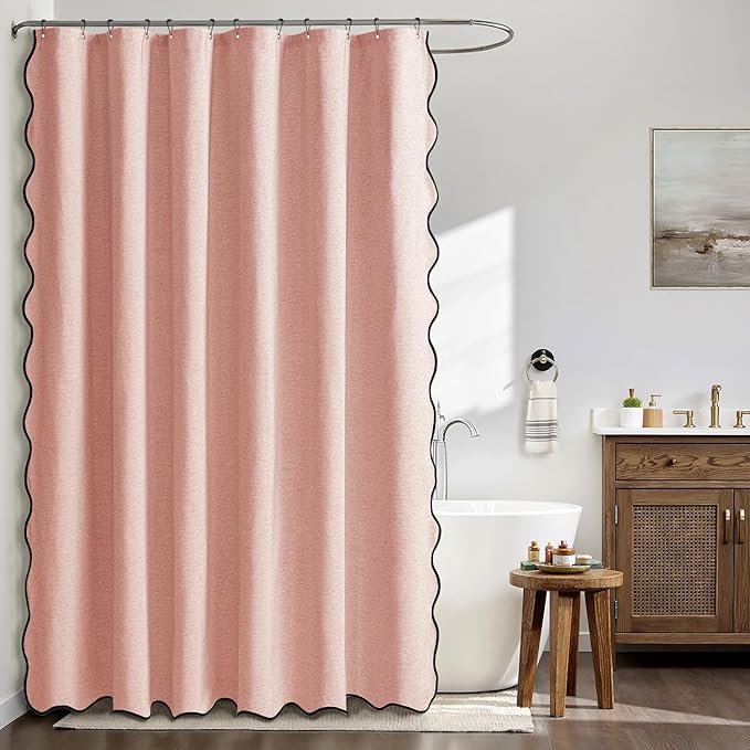 MIULEE Blush Pink Scalloped Shower Curtain Linen Textured with 12 Metal Hooks Cute Heavy Duty Washable Waterproof Thick Cloth Shower Curtains with Black Border for Bathroom Hotel Bathtub,W72*L72
