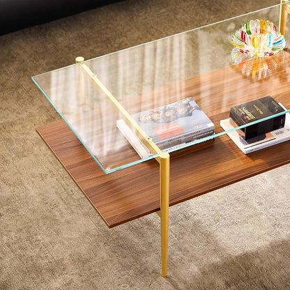 AGV LIGHTING Tadio Glass Coffee Table, Mid-Century Modern Coffee Table for Living Room, Gold Finish Leg, Clear Glass Top & Walnut Brown Wood Shelf, 41 in Length