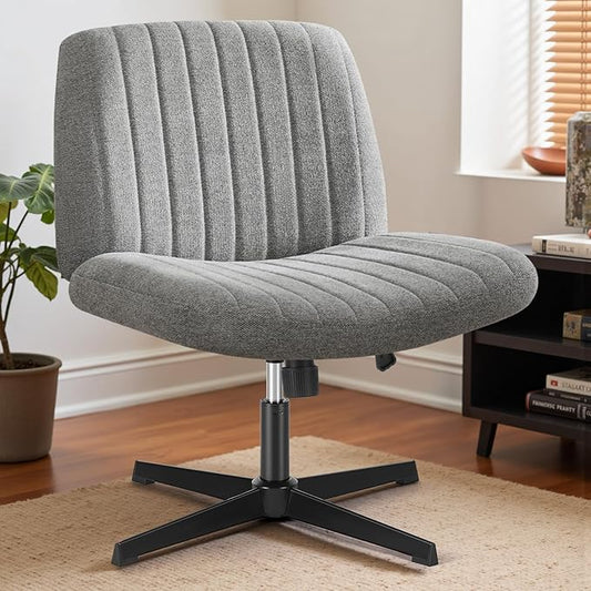 DUMOS Desk Chair No Wheels, Criss Cross Chair Wide Cross Legged Desk Vanity Comfy Chair, Armless Adjustable Swivel Chairs for Home Computer Task Gray