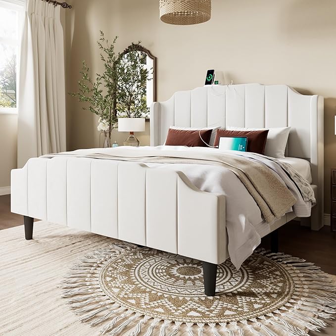 Allewie Vintage Queen Size Velvet Platform Bed Frame with Curved Vertical Tufted Wingback Headboard and Footboard, Charging Station, Easy Assembly, Under Bed Storage, No Box Spring Required, White