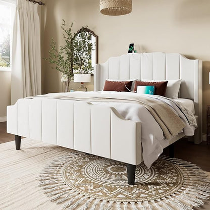 Allewie Vintage Full Size Velvet Platform Bed Frame with Curved Vertical Tufted Wingback Headboard and Footboard, Charging Station, Easy Assembly, Under Bed Storage, No Box Spring Required, White
