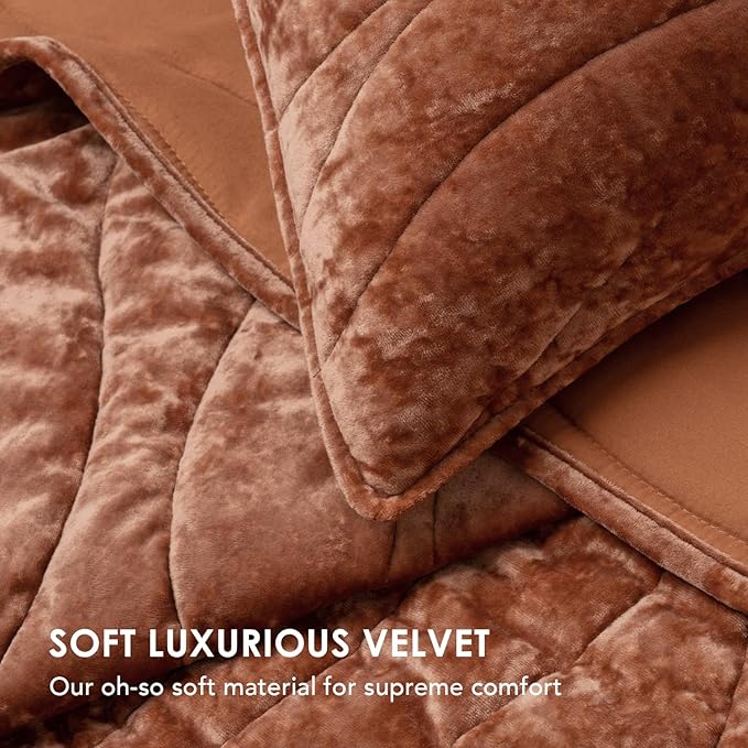 EVERGRACE Luxury Velvet Quilt Queen Size, Ultra Soft Wave Crushed Velvet Bedding Set, Lightweight Quilted Comforter Set for All Season, Oversized Bedspread Coverlet with 2 Shams, Burnt Orange