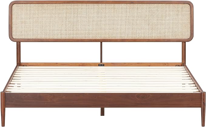 NTC Lupin Wooden Bed Frame with Headboard and Natural Rattan, Solid Oak/Rubber Wood Foundation with Silent Slats, 1000 Lb Capacity, Effortless Assembly (Natural Cane - Dark Walnut, King)