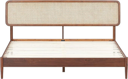 NTC Lupin Wooden Bed Frame with Headboard and Natural Rattan, Solid Oak/Rubber Wood Foundation with Silent Slats, 1000 Lb Capacity, Effortless Assembly (Natural Cane - Dark Walnut, King)