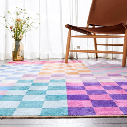 Multicolored Checkerboard Washable Rug 4x6 Ultra Thin Retro Funky Aesthetic Cute Area Rugs for Living Dining Room Bedroom Kitchen Office Entryway Dorm, Colorful Checkered Modern Geometric Carpet