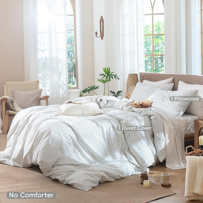 MooMee Striped Duvet Cover Set 100% Washed Cotton Linen Like Textured Breathable Durable Soft Comfy (White Heathered Green Wide Stripes, Twin 68"x90")