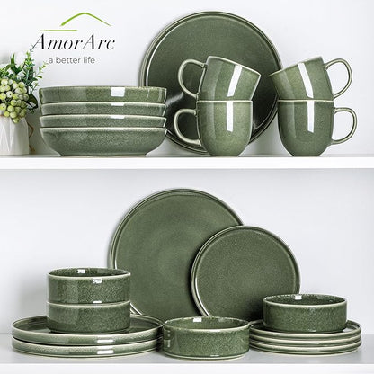 AmorArc Ceramic Dinnerware Sets, Handmade Reactive Glaze Stoneware Plates and Bowls Sets,Highly Chip and Crack Resistant | Dishwasher & Microwave Safe Dishes Set, Service for 4 (12pc)