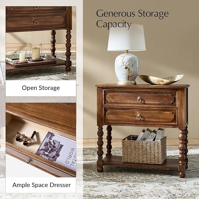 HULALA HOME Farmhouse Storage End Table Set of 2 with 2 Drawers and Open Shelf, Solid Wood Side Table with Spindle Legs, Nightstand with Charging Station (Walnut)