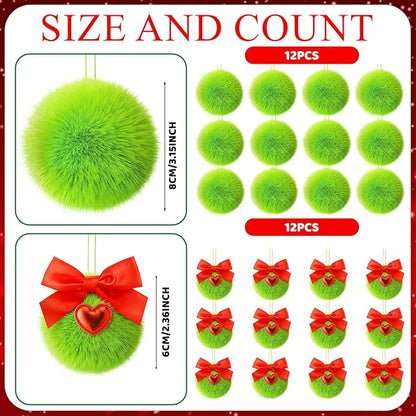 Jenaai 24 Pcs Lime Green Ball Christmas Ornaments for Xmas Tree 2 Size Christmas Hanging Decorations Soft Furry Pom Pom Balls with Red Bow for Xmas Tree Hanging Decor Party Supplies